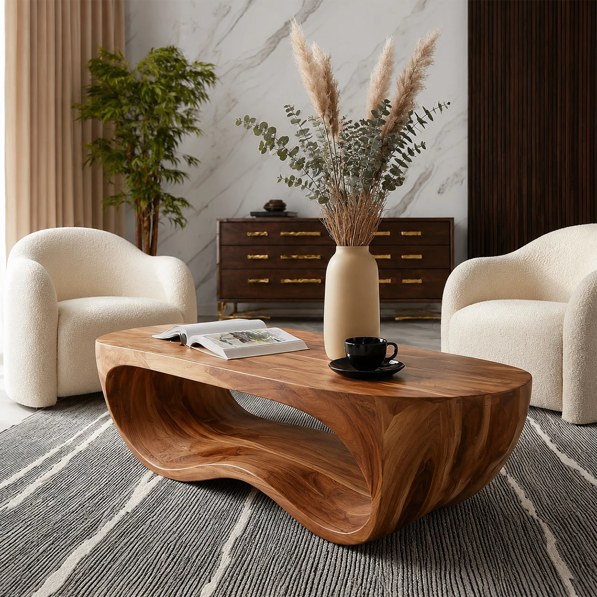 Organic Solid Wood Coffee Table With Sculptural Hollow Base And Rounded Natural Top For Modern Living Room - Livewoodcraft - 8