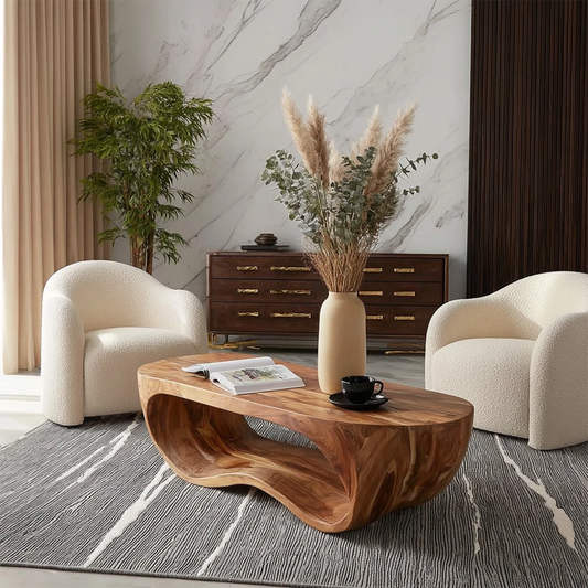 Organic Solid Wood Coffee Table With Sculptural Hollow Base And Rounded Natural Top For Modern Living Room - Livewoodcraft