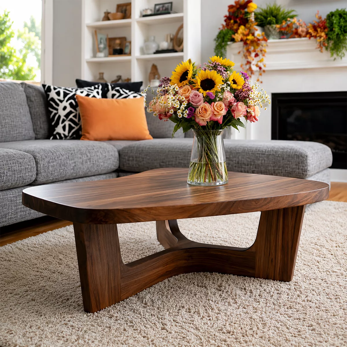 Organic Solid Wood Coffee Table With Sculptural Open Base And Rounded Edges For Modern Living Room - Livewoodcraft - 7