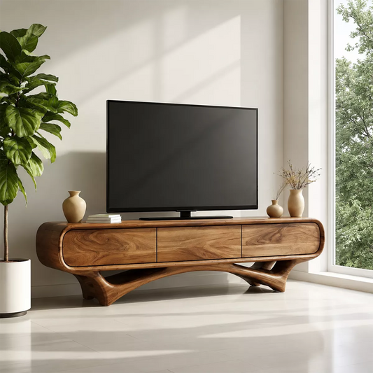 Organic Solid Wood TV Stand With Rounded Edges And Sculptural Curved Base - Livewoodcraft