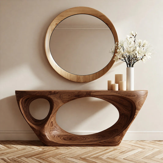Organic Void Natural Solid Wood Console Table with Sculptural Open Base - Livewoodcraft