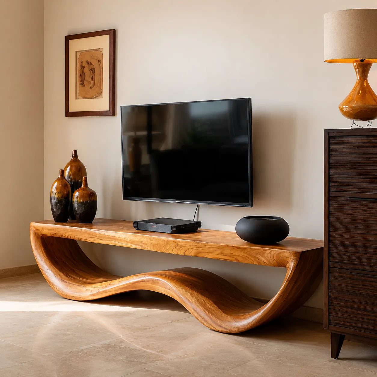 Organic Wave Natural Solid Wood TV Stand with Sculptural Open Design - Livewoodcraft - 10