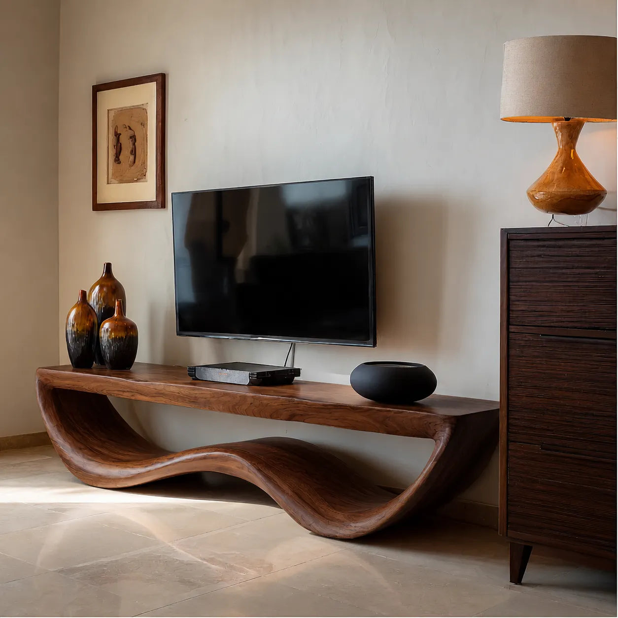 Organic Wave Natural Solid Wood TV Stand with Sculptural Open Design - Livewoodcraft - 2