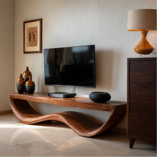Organic Wave Natural Solid Wood TV Stand with Sculptural Open Design - Livewoodcraft
