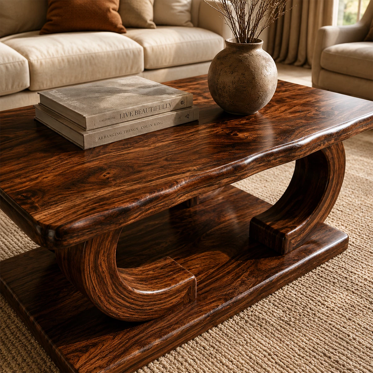 Rectangular Arch Wood Coffee Table – Sculptural Natural Wood Center Table for Living Room - Livewoodcraft - 4
