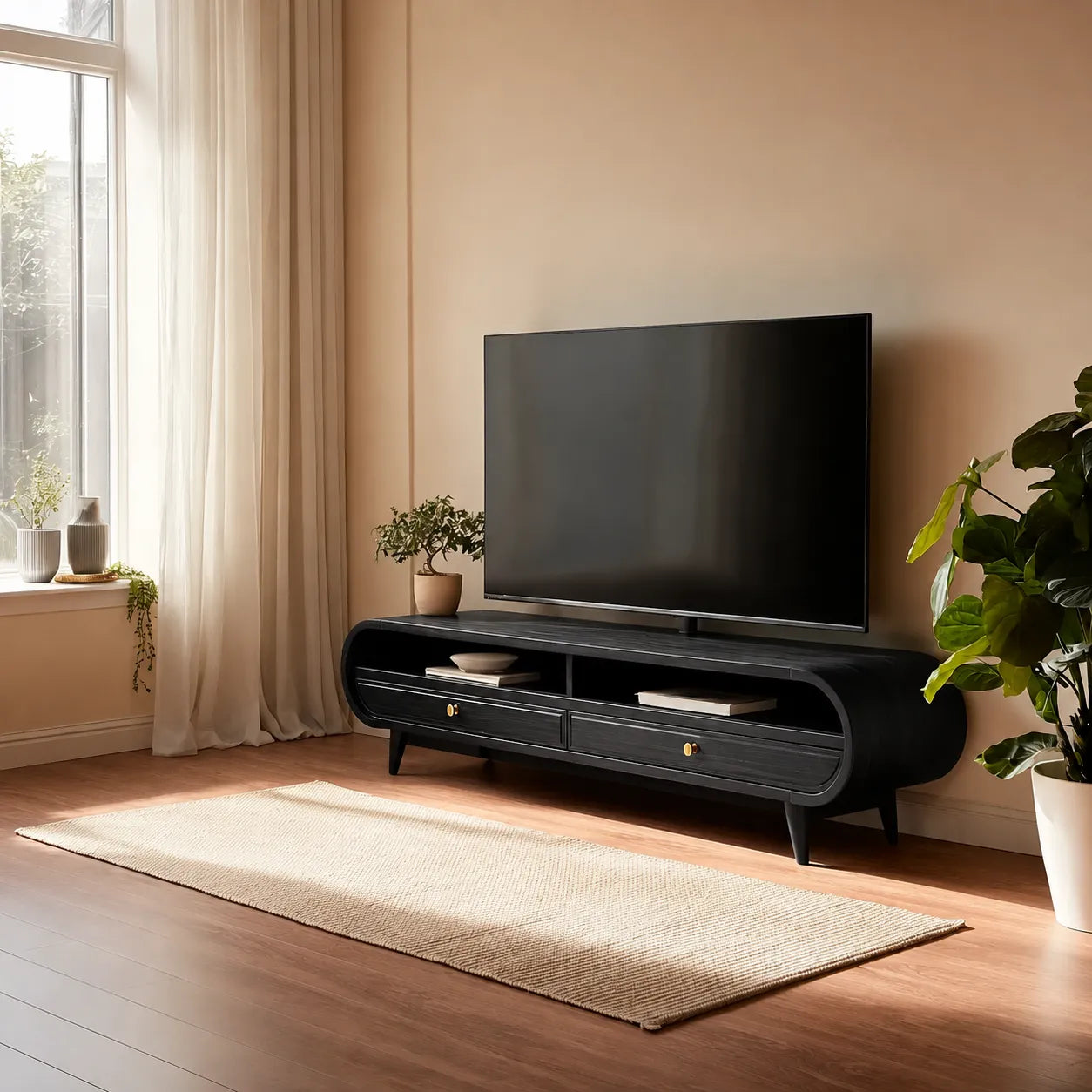 Retro Natural Solid Wood TV Stand with Rounded Edge Media Storage - Livewoodcraft - 11