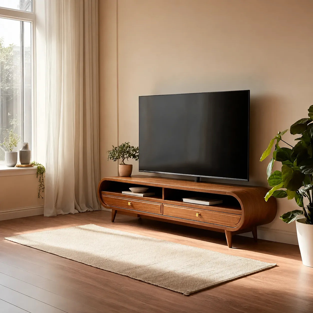 Retro Natural Solid Wood TV Stand with Rounded Edge Media Storage - Livewoodcraft - 12
