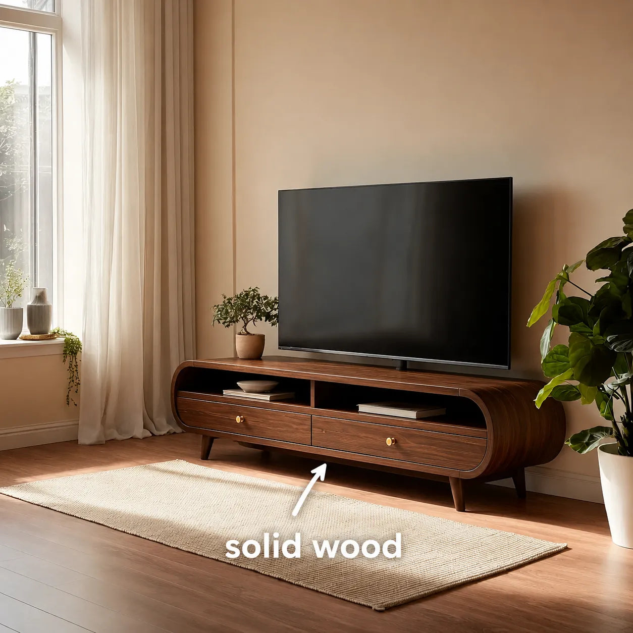 Retro Natural Solid Wood TV Stand with Rounded Edge Media Storage - Livewoodcraft - 2