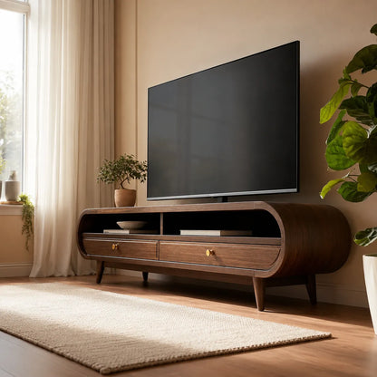 Retro Natural Solid Wood TV Stand with Rounded Edge Media Storage - Livewoodcraft - 5