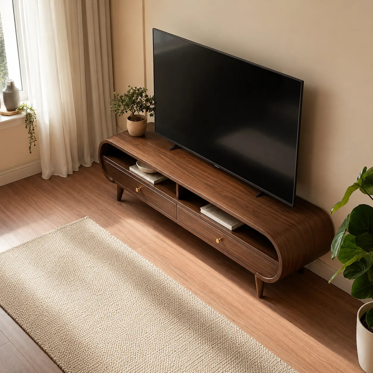 Retro Natural Solid Wood TV Stand with Rounded Edge Media Storage - Livewoodcraft - 6