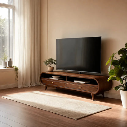 Retro Natural Solid Wood TV Stand with Rounded Edge Media Storage - Livewoodcraft - 8
