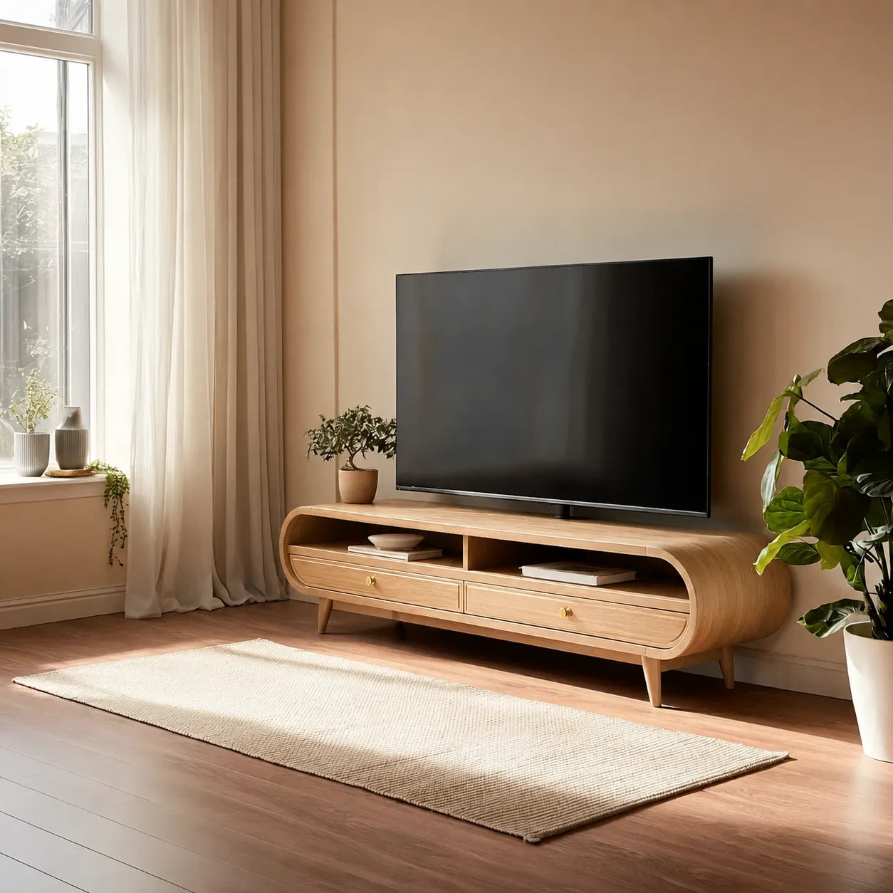 Retro Natural Solid Wood TV Stand with Rounded Edge Media Storage - Livewoodcraft - 9