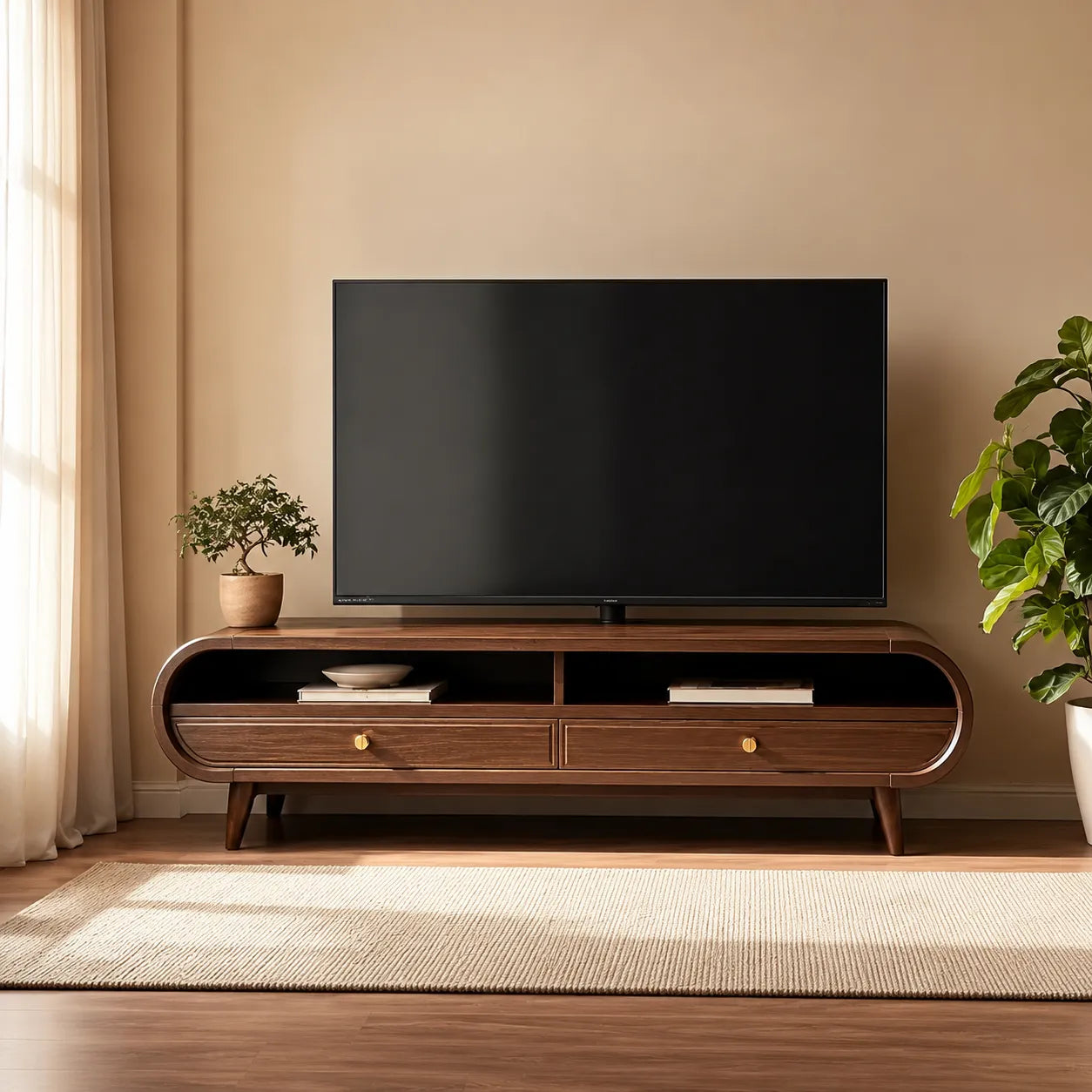 Retro Natural Solid Wood TV Stand with Rounded Edge Media Storage - Livewoodcraft