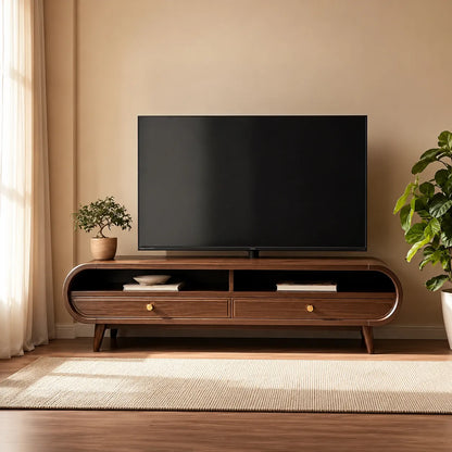 Retro Natural Solid Wood TV Stand with Rounded Edge Media Storage - Livewoodcraft