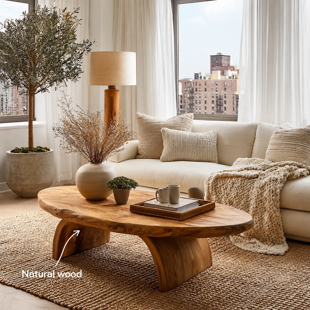 Round Organic Solid Wood Coffee Table With Live Edge Top And Sculptural Block Legs For Modern Living Room - Livewoodcraft - 11