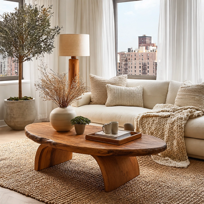Round Organic Solid Wood Coffee Table With Live Edge Top And Sculptural Block Legs For Modern Living Room - Livewoodcraft - 2