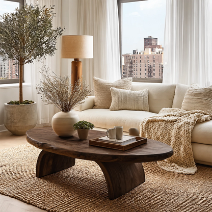 Round Organic Solid Wood Coffee Table With Live Edge Top And Sculptural Block Legs For Modern Living Room - Livewoodcraft - 3