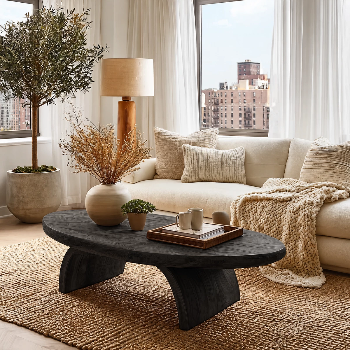 Round Organic Solid Wood Coffee Table With Live Edge Top And Sculptural Block Legs For Modern Living Room - Livewoodcraft - 4
