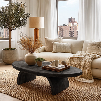 Round Organic Solid Wood Coffee Table With Live Edge Top And Sculptural Block Legs For Modern Living Room - Livewoodcraft - 4
