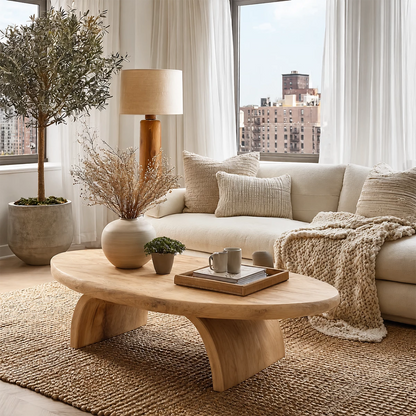 Round Organic Solid Wood Coffee Table With Live Edge Top And Sculptural Block Legs For Modern Living Room - Livewoodcraft - 5