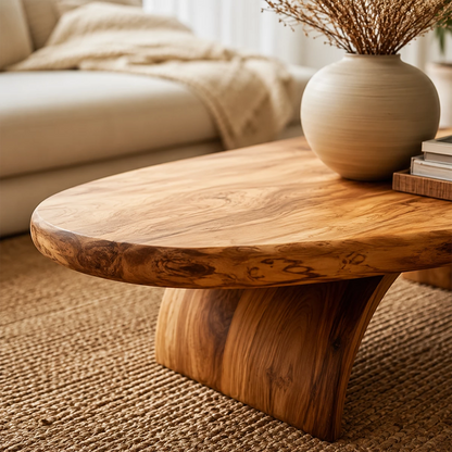 Round Organic Solid Wood Coffee Table With Live Edge Top And Sculptural Block Legs For Modern Living Room - Livewoodcraft - 6