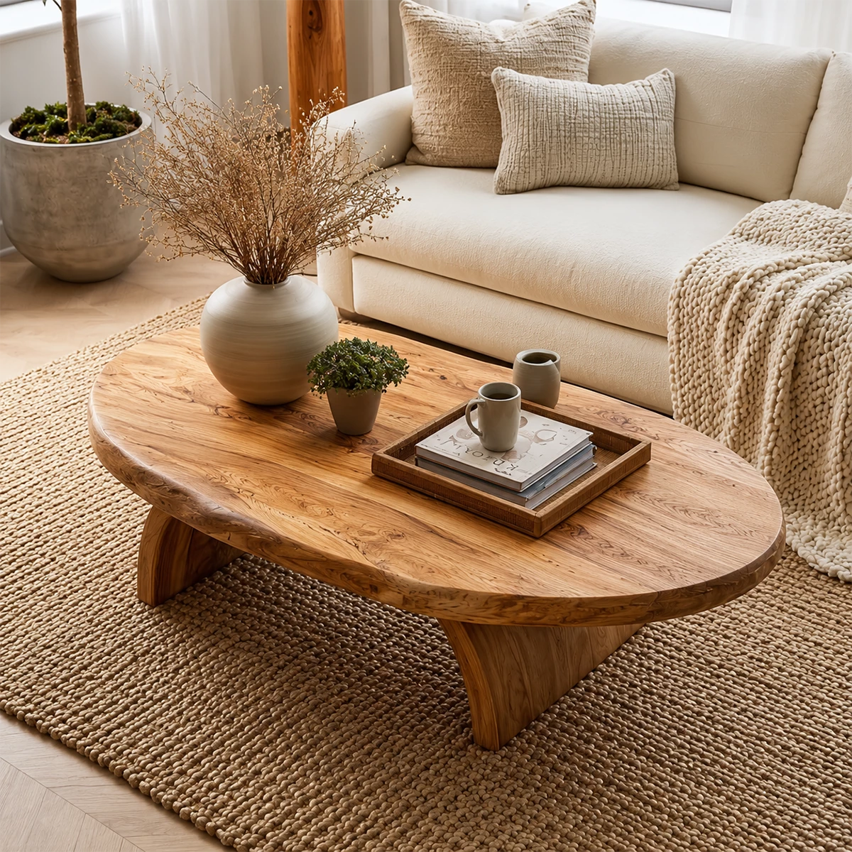 Round Organic Solid Wood Coffee Table With Live Edge Top And Sculptural Block Legs For Modern Living Room - Livewoodcraft - 7