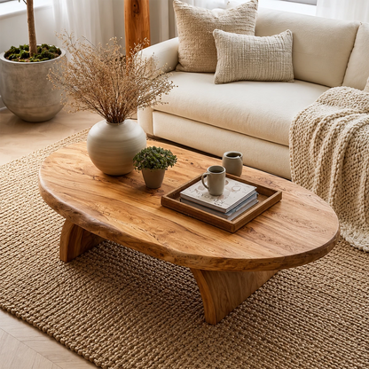 Round Organic Solid Wood Coffee Table With Live Edge Top And Sculptural Block Legs For Modern Living Room - Livewoodcraft - 7