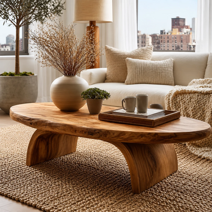 Round Organic Solid Wood Coffee Table With Live Edge Top And Sculptural Block Legs For Modern Living Room - Livewoodcraft - 8