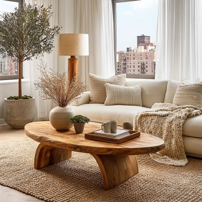 Round Organic Solid Wood Coffee Table With Live Edge Top And Sculptural Block Legs For Modern Living Room - Livewoodcraft