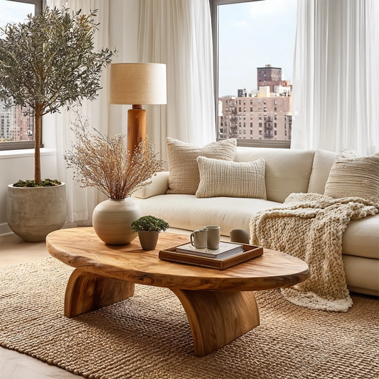 Round Organic Solid Wood Coffee Table With Live Edge Top And Sculptural Block Legs For Modern Living Room - Livewoodcraft