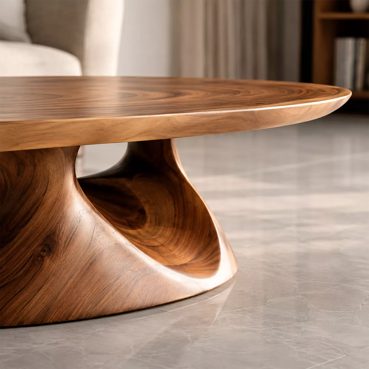 Round Solid Wood Coffee Table With Sculptural Hollow Base And Natural Wood Grain For Modern Living Room - Livewoodcraft - 6