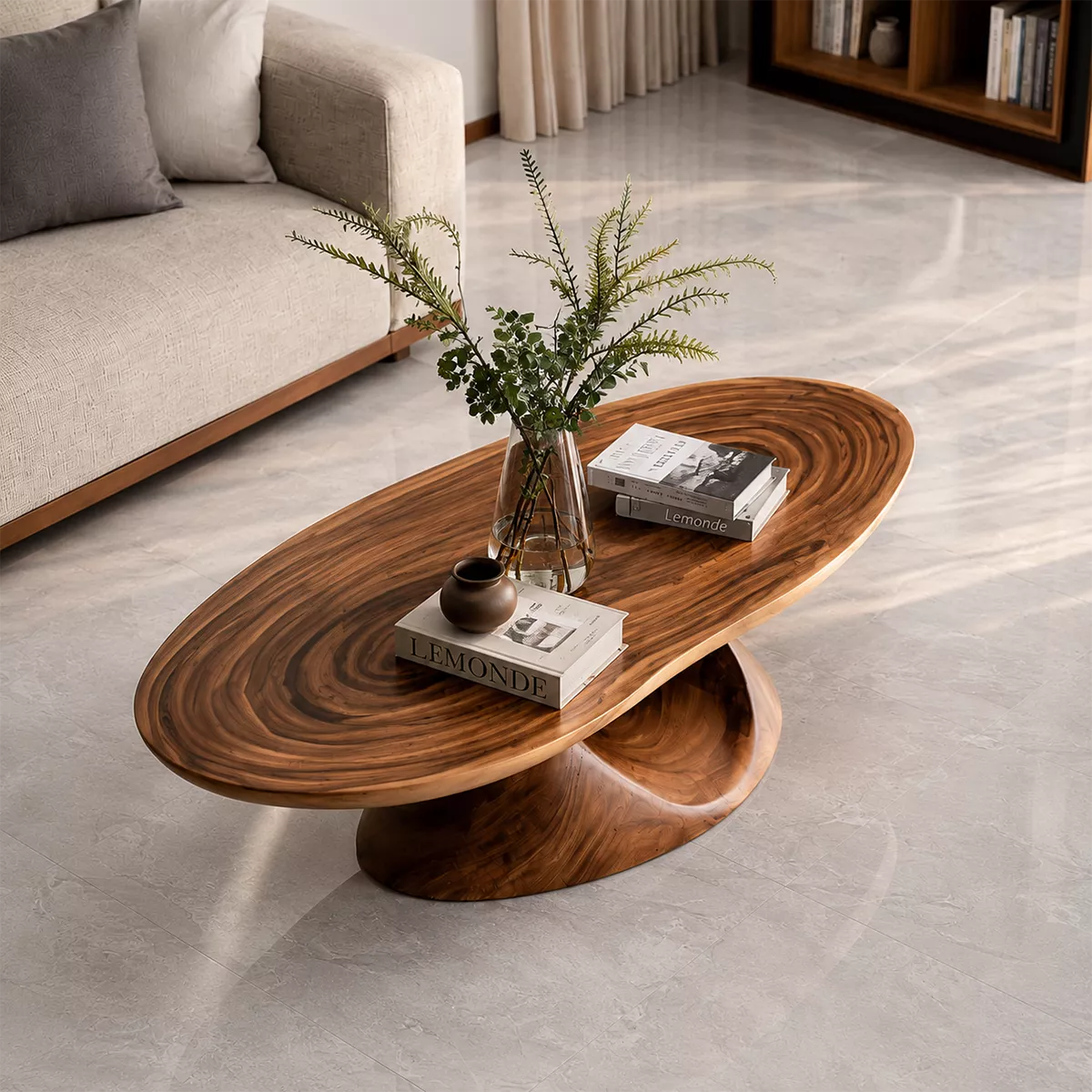 Round Solid Wood Coffee Table With Sculptural Hollow Base And Natural Wood Grain For Modern Living Room - Livewoodcraft - 7