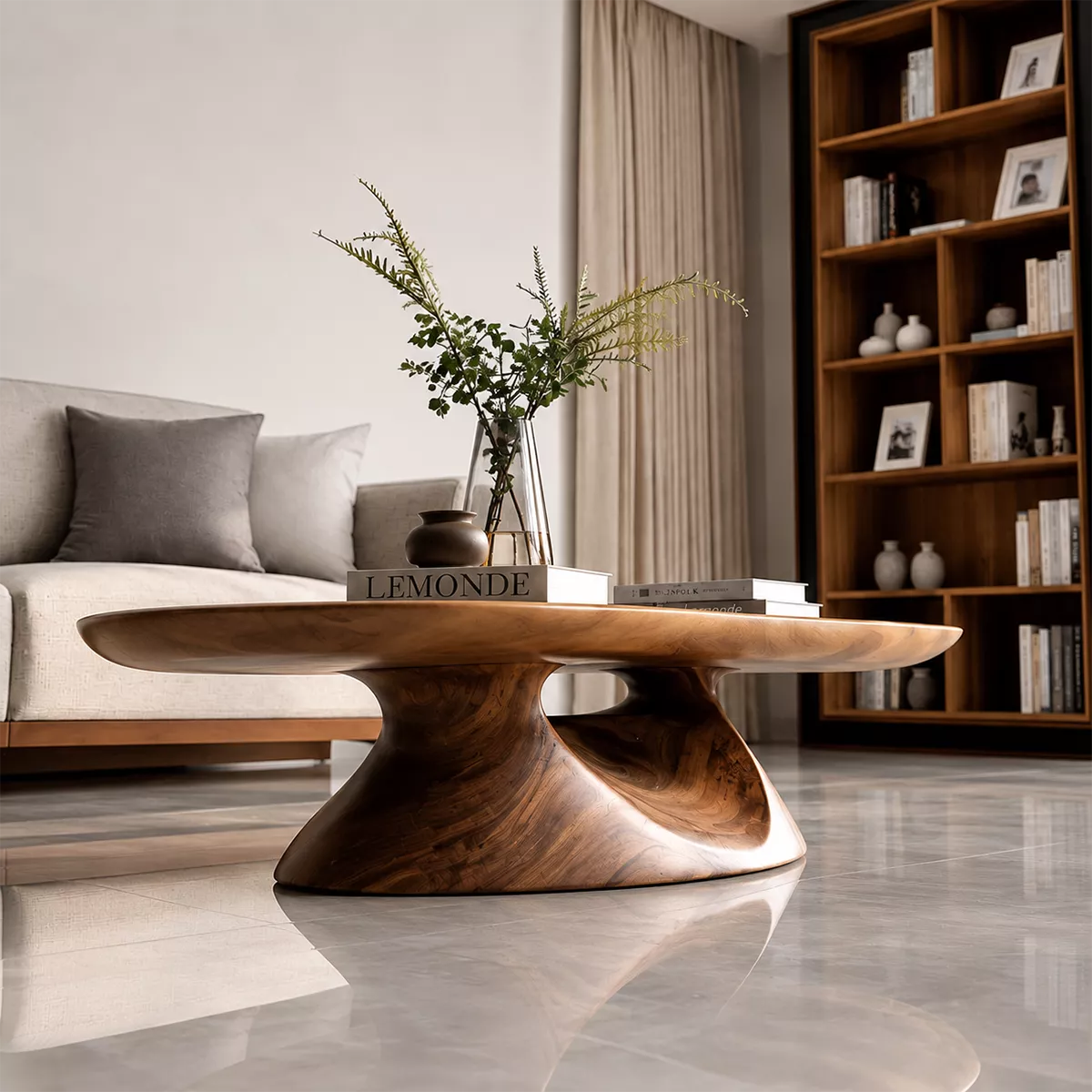 Round Solid Wood Coffee Table With Sculptural Hollow Base And Natural Wood Grain For Modern Living Room - Livewoodcraft - 8