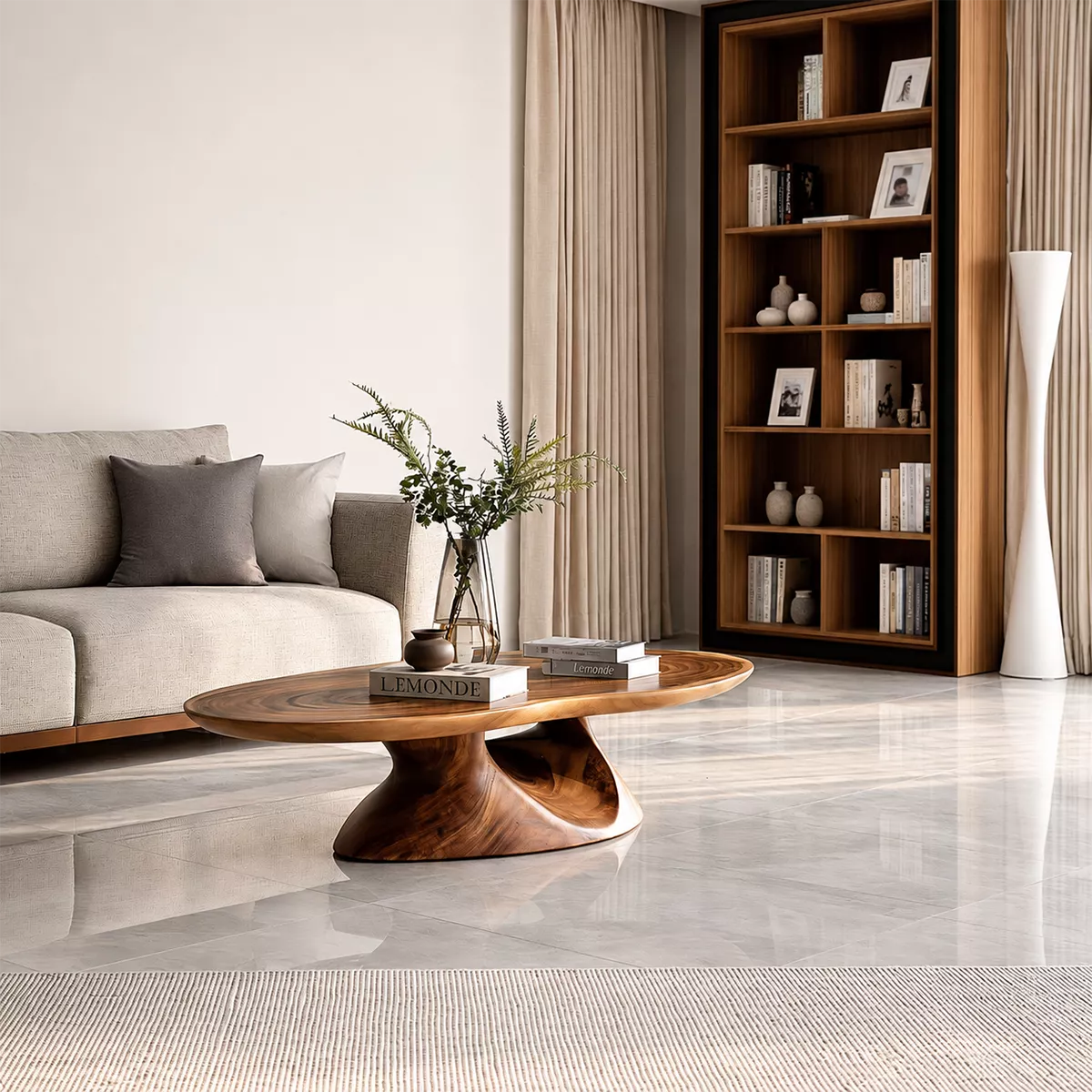 Round Solid Wood Coffee Table With Sculptural Hollow Base And Natural Wood Grain For Modern Living Room - Livewoodcraft - 9