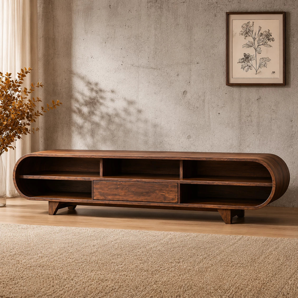 Rounded Edge Natural Solid Wood TV Stand with Open Media Storage - Livewoodcraft - 10