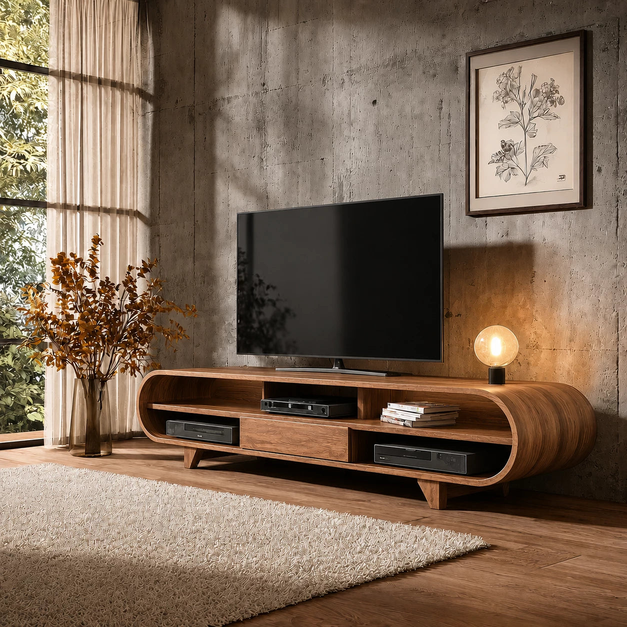 Rounded Edge Natural Solid Wood TV Stand with Open Media Storage - Livewoodcraft - 11
