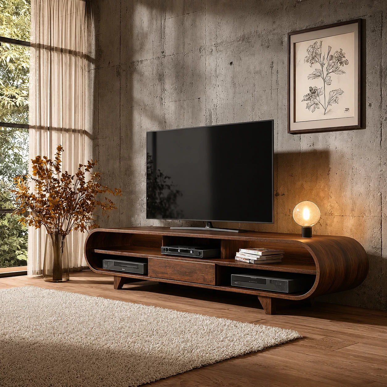 Rounded Edge Natural Solid Wood TV Stand with Open Media Storage - Livewoodcraft - 12