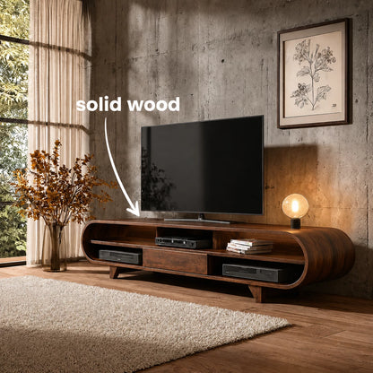 Rounded Edge Natural Solid Wood TV Stand with Open Media Storage - Livewoodcraft - 3