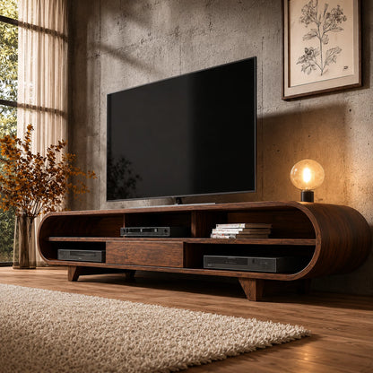 Rounded Edge Natural Solid Wood TV Stand with Open Media Storage - Livewoodcraft - 5