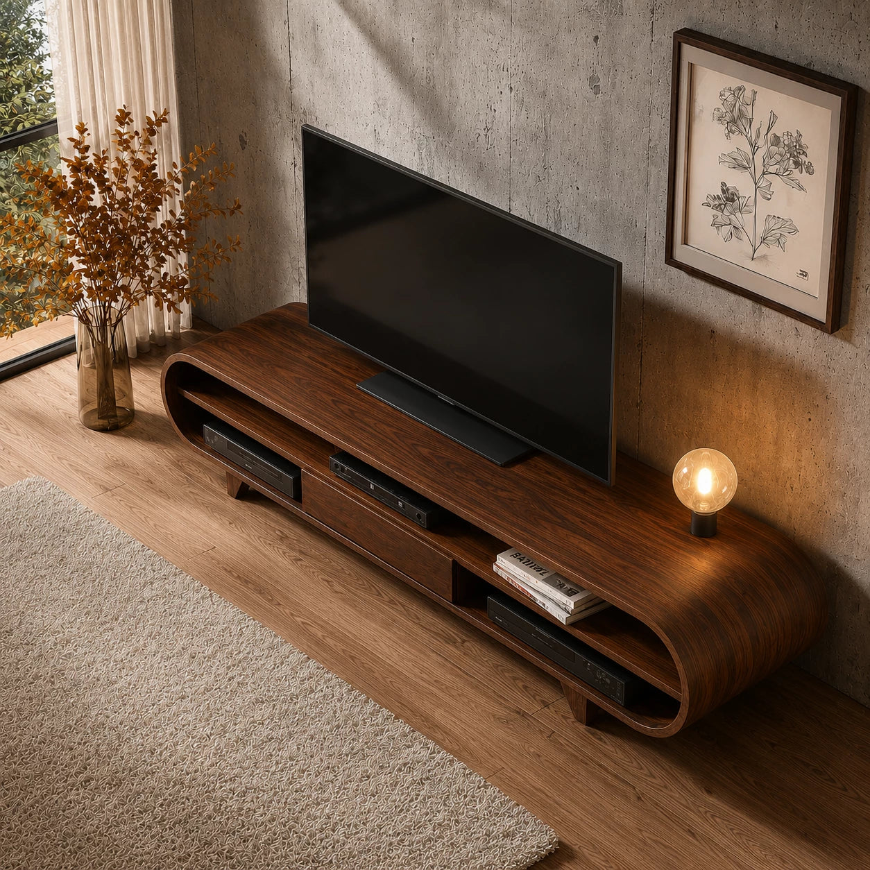 Rounded Edge Natural Solid Wood TV Stand with Open Media Storage - Livewoodcraft - 7