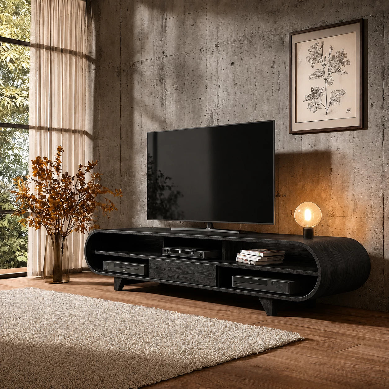 Rounded Edge Natural Solid Wood TV Stand with Open Media Storage - Livewoodcraft - 8