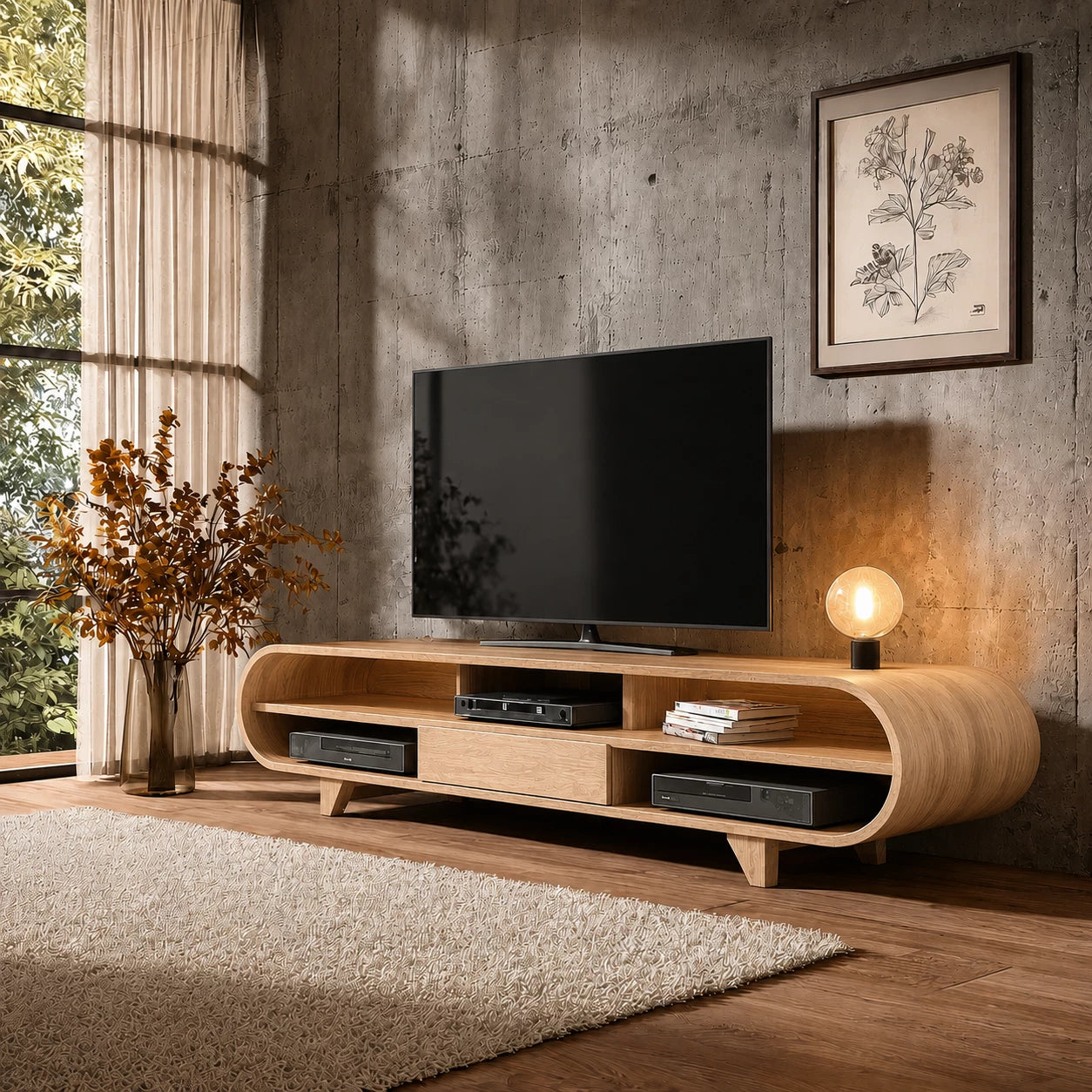 Rounded Edge Natural Solid Wood TV Stand with Open Media Storage - Livewoodcraft - 9