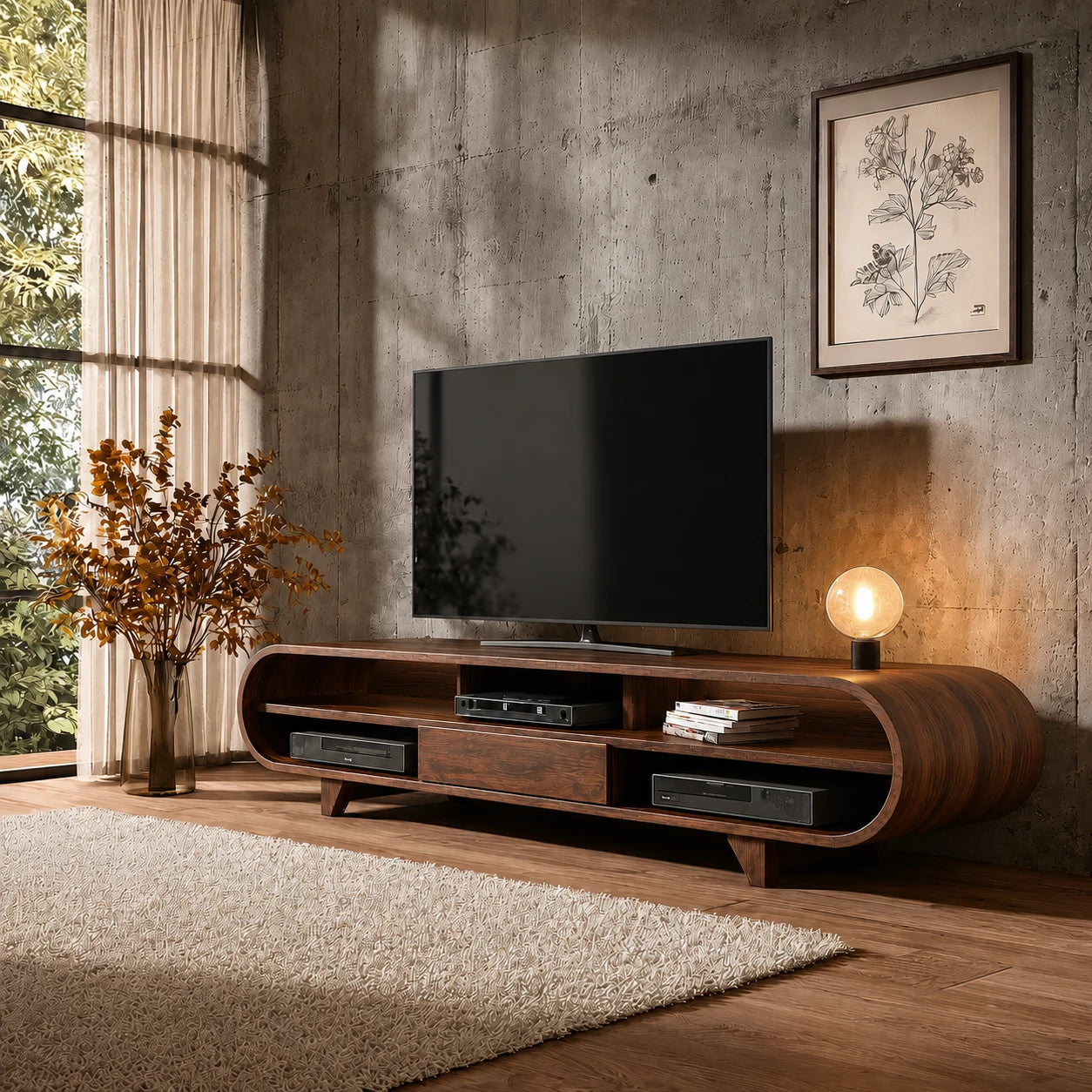 Rounded Edge Natural Solid Wood TV Stand with Open Media Storage - Livewoodcraft
