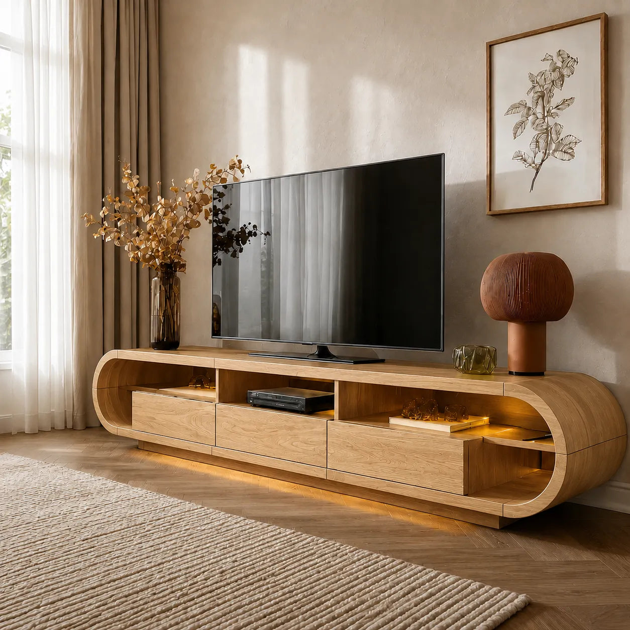 Rounded Edge TV Stand with Open Shelving and Drawer Storage Console - Livewoodcraft - 10