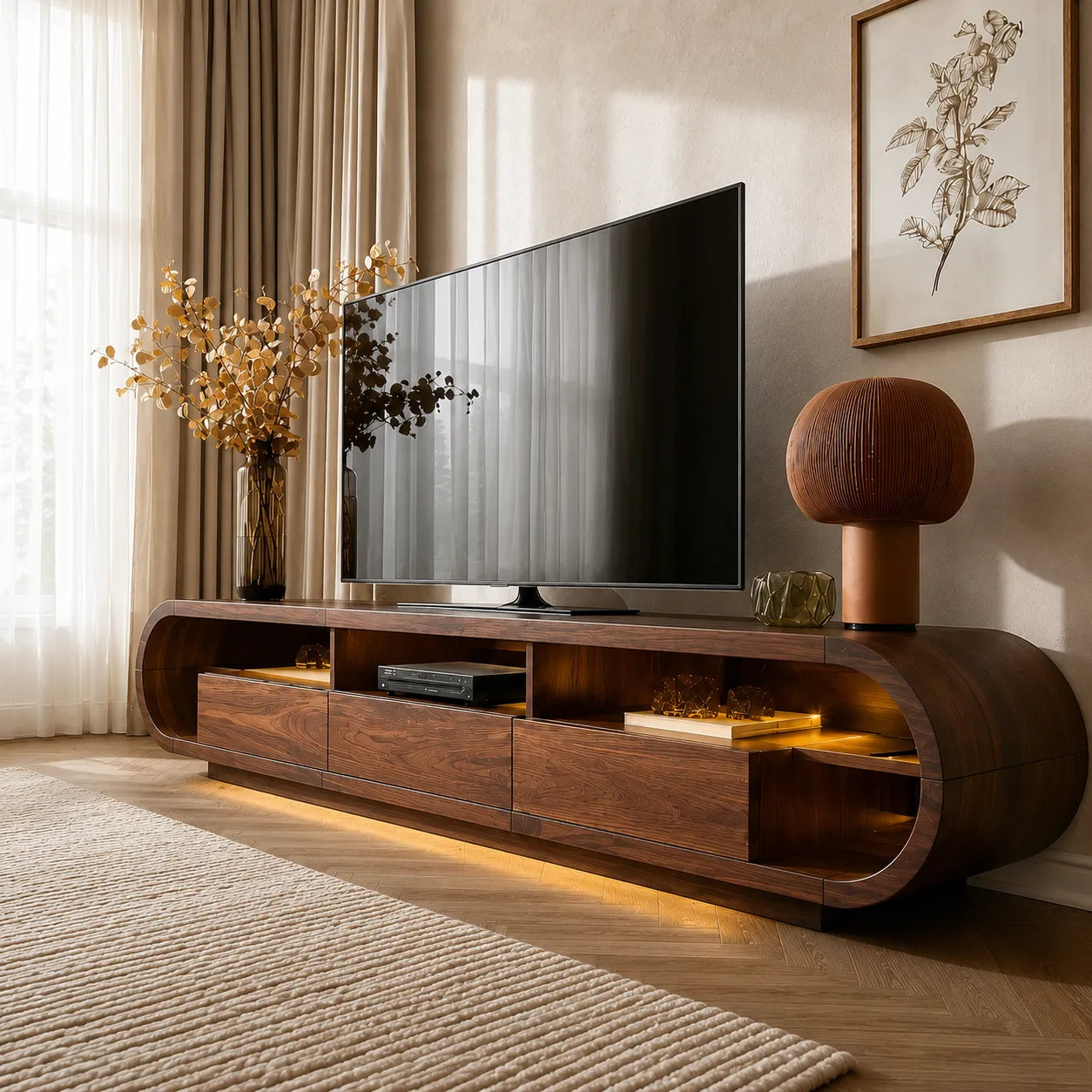 Rounded Edge TV Stand with Open Shelving and Drawer Storage Console - Livewoodcraft - 11