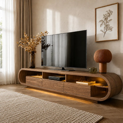 Rounded Edge TV Stand with Open Shelving and Drawer Storage Console - Livewoodcraft - 12