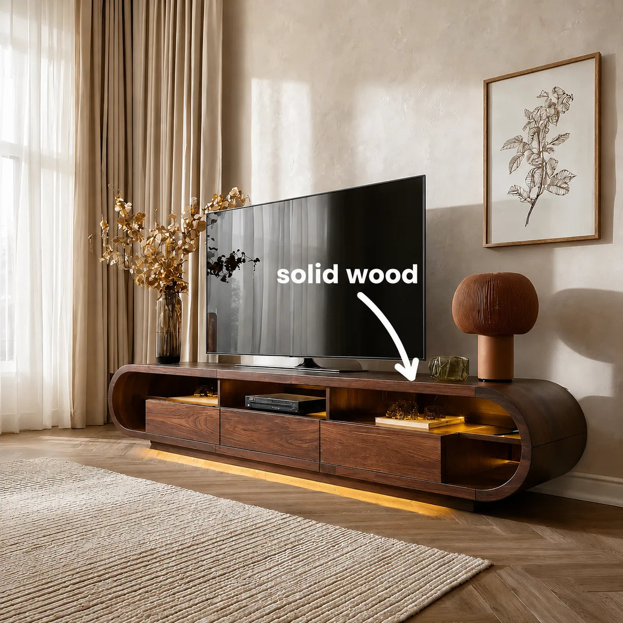 Rounded Edge TV Stand with Open Shelving and Drawer Storage Console - Livewoodcraft - 2