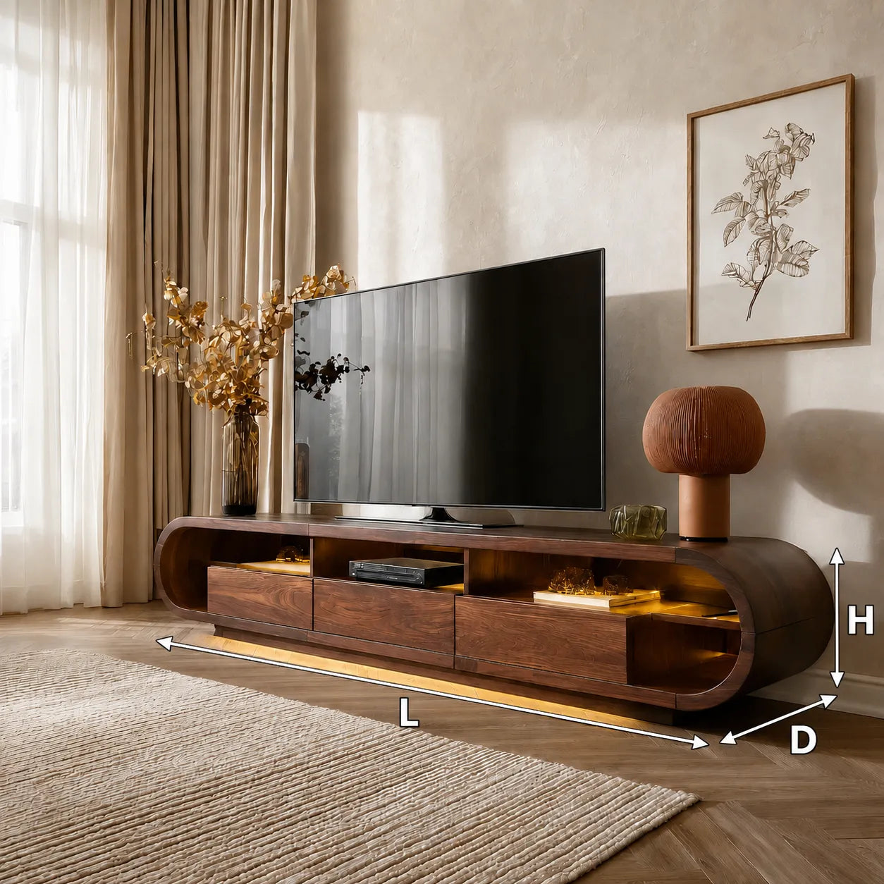 Rounded Edge TV Stand with Open Shelving and Drawer Storage Console - Livewoodcraft - 3