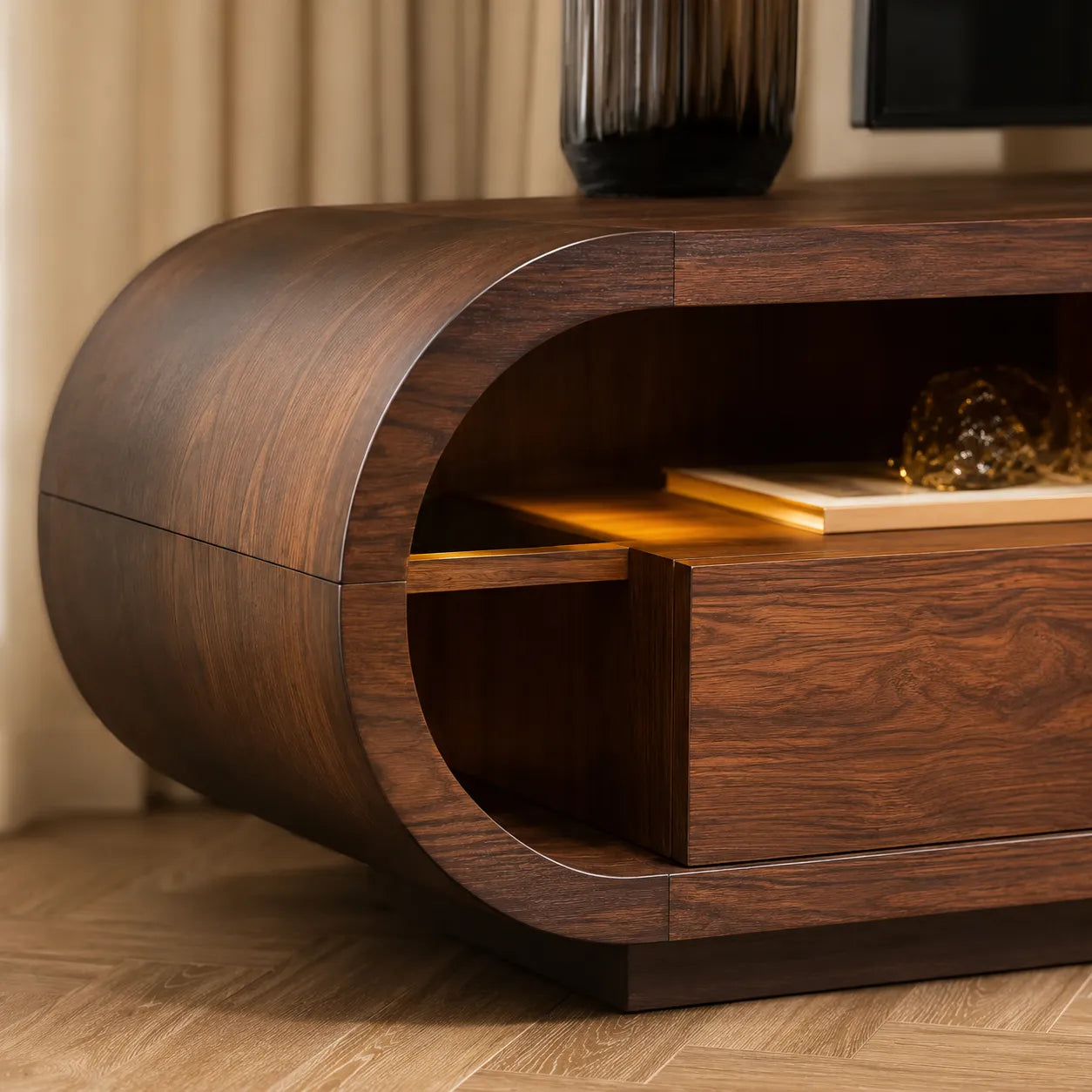 Rounded Edge TV Stand with Open Shelving and Drawer Storage Console - Livewoodcraft - 4