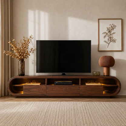 Rounded Edge TV Stand with Open Shelving and Drawer Storage Console - Livewoodcraft - 5
